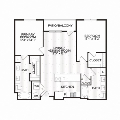 Floor plan for 2 beds, 2 baths, 1121 sqft